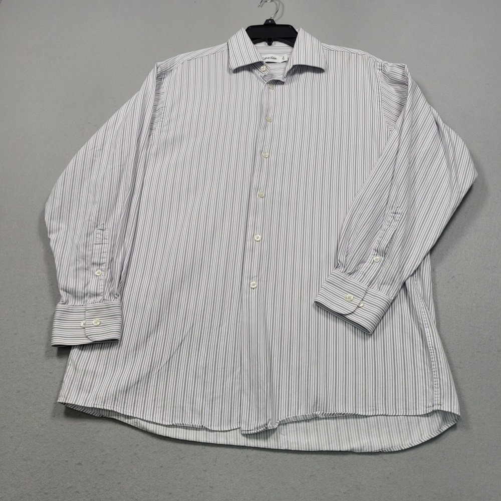 Calvin Klein Mens Button Down Shirt 16 32/33 Striped Purple Gray Long Sleeve